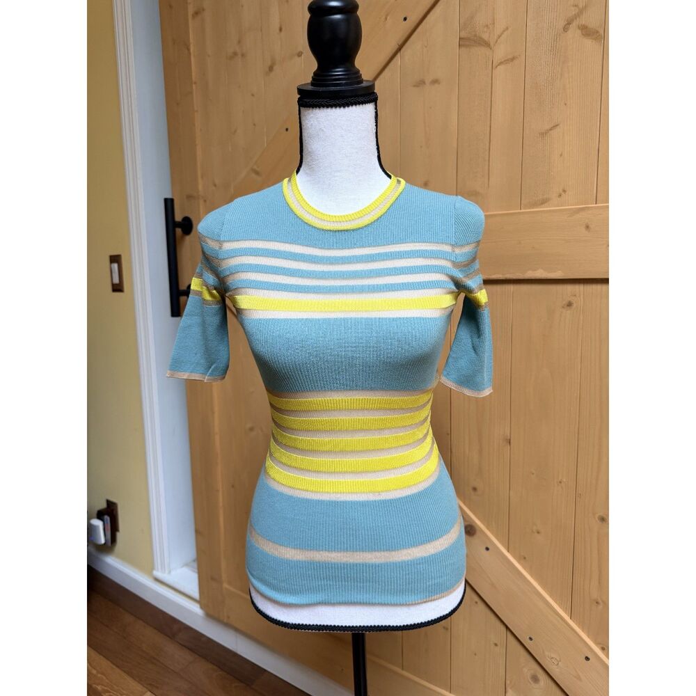 M Missoni Striped Knit Top XS Blue Yellow Short Sleeve Sweater